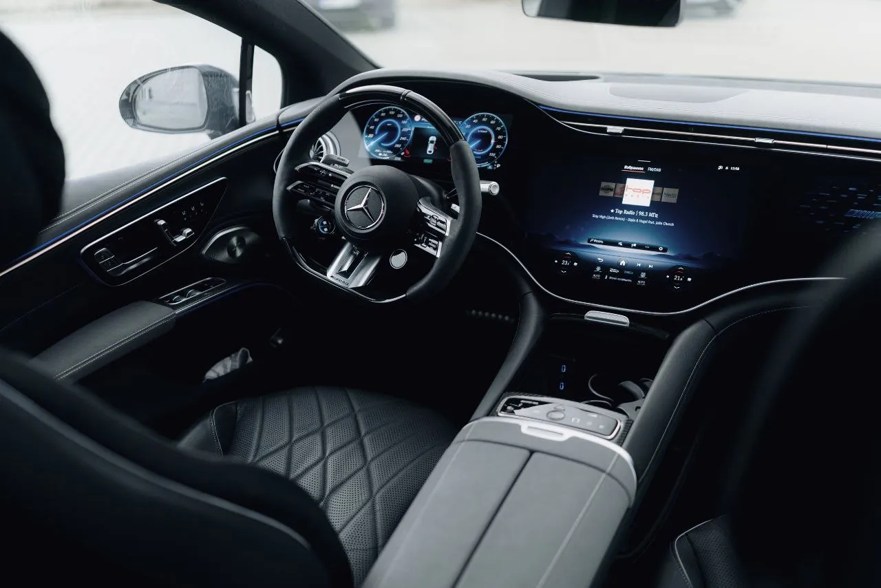 Front passenger interior of Mercedes-Benz EQS luxury class vehicle
