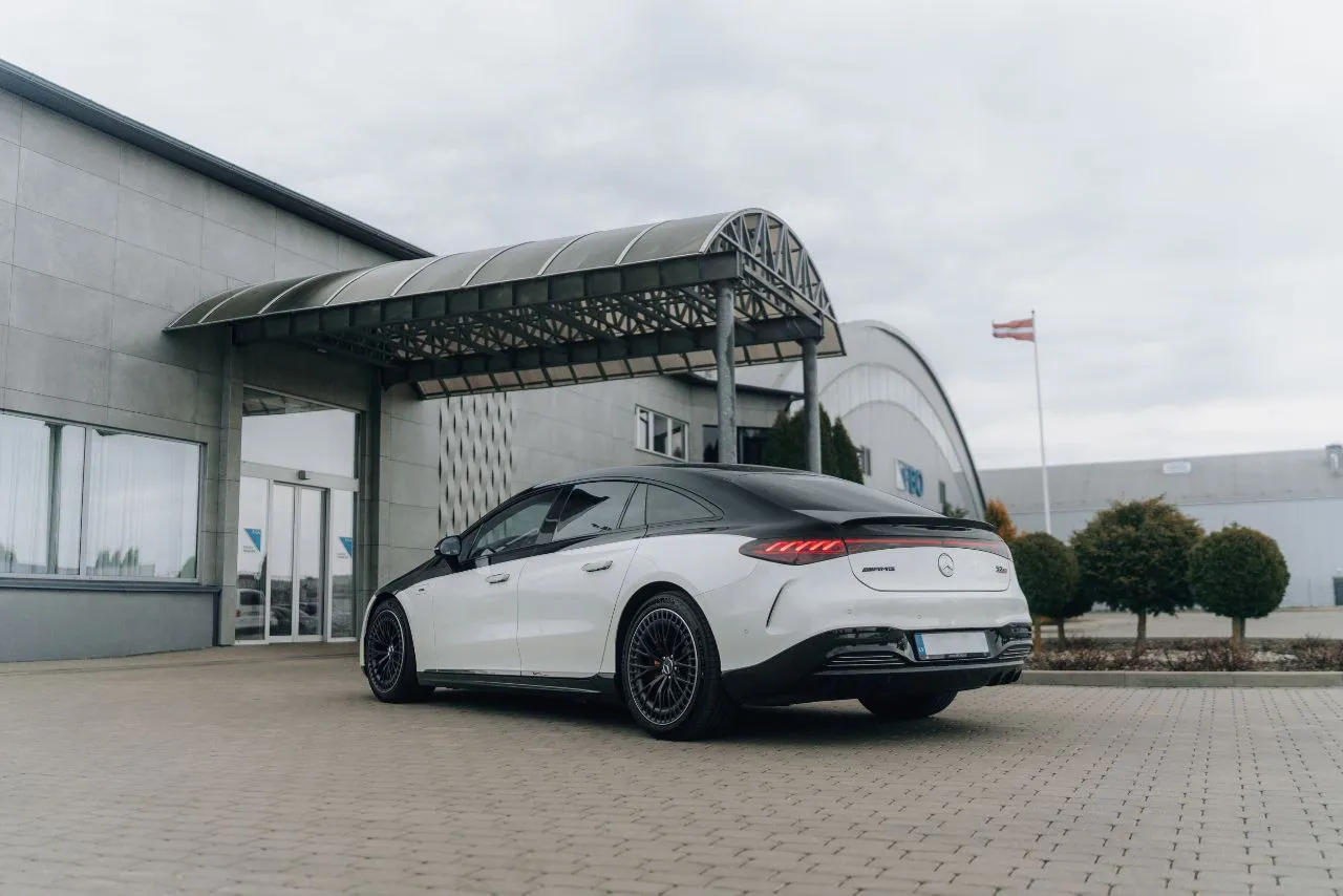 Mercedes-Benz EQS luxury class vehicle rear view for high-end chauffeur transfers